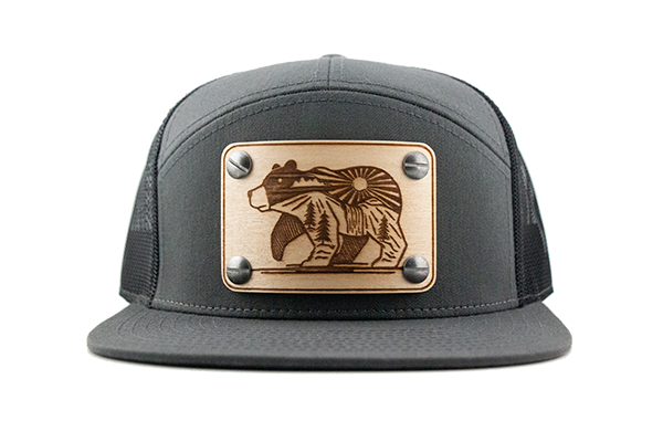 Charcoal 7-panel cap with maple wood patch.