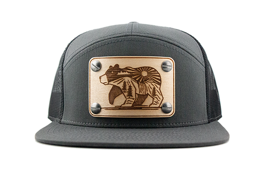 Charcoal 7-panel cap with maple wood patch.