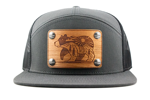 Charcoal 7-panel cap with cherry wood patch.