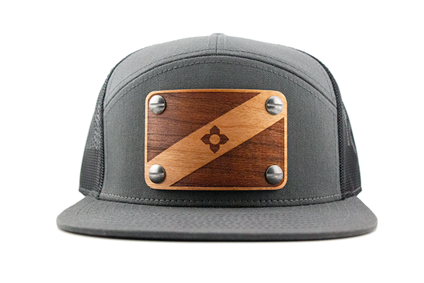Charcoal 7-panel cap with cherry wood patch.